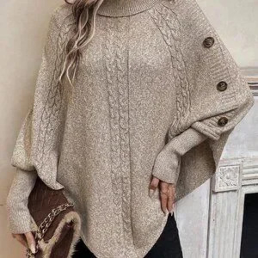 Khaki Casual Women's Turtleneck Batwing Sleeve Button Detail Poncho Sweater top